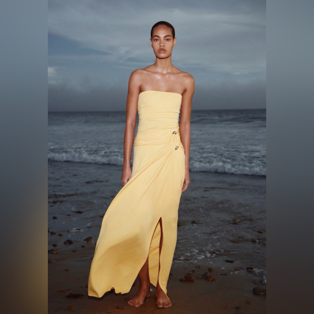 Simkhai Strapless Yellow Ruched Maxi Dress
